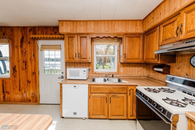 20841AND20850 Leona Beach Rd, Erie Twp, MN 56578 - kitchen with white appliances, a sink, under cabinet range hood, light countertops, and wooden walls