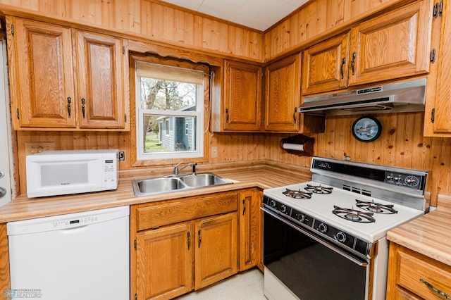 20841AND20850 Leona Beach Rd, Erie Twp, MN 56578 - kitchen with white appliances, under cabinet range hood, a sink, light countertops, and wooden walls