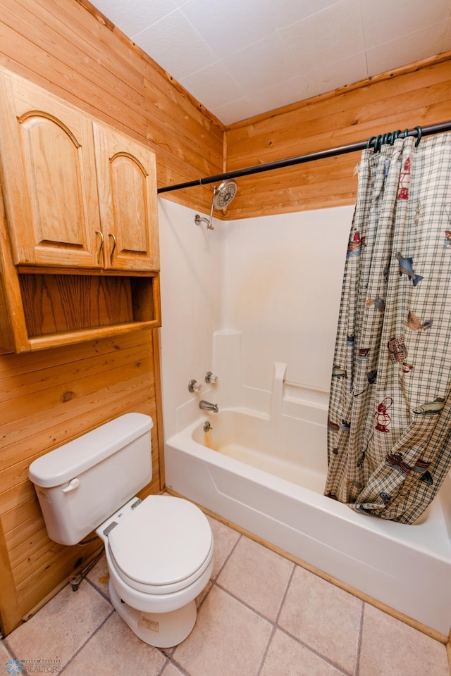 20841AND20850 Leona Beach Rd, Erie Twp, MN 56578 - bathroom with toilet, shower / bath combination with curtain, tile patterned flooring, and wood walls