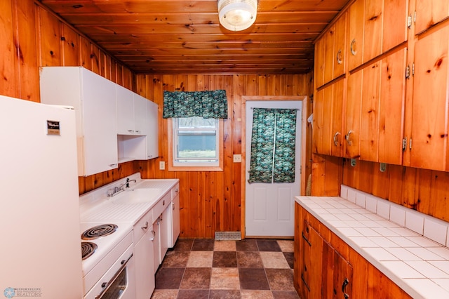 20841AND20850 Leona Beach Rd, Erie Twp, MN 56578 - kitchen featuring freestanding refrigerator, tile countertops, wood walls, wood ceiling, and a sink