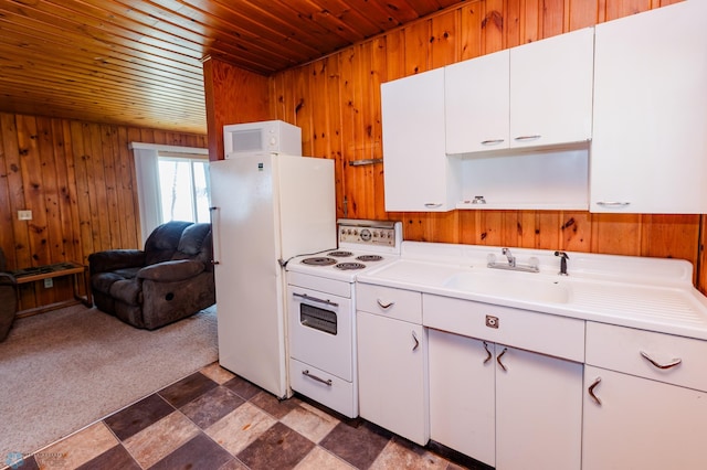 20841AND20850 Leona Beach Rd, Erie Twp, MN 56578 - kitchen featuring white appliances, wood walls, wooden ceiling, a sink, and light countertops