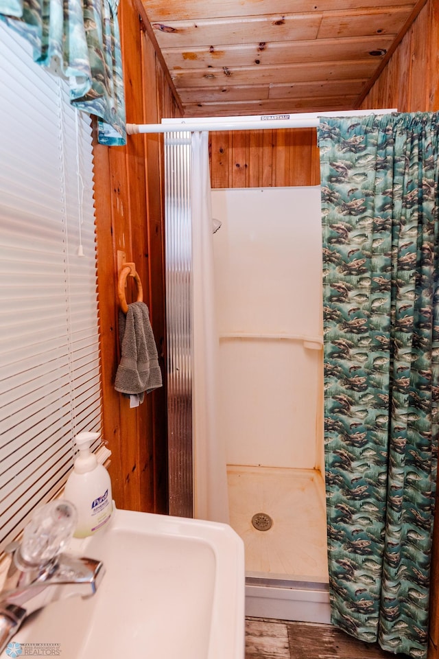 20841AND20850 Leona Beach Rd, Erie Twp, MN 56578 - bathroom with a stall shower, wood ceiling, and wood walls