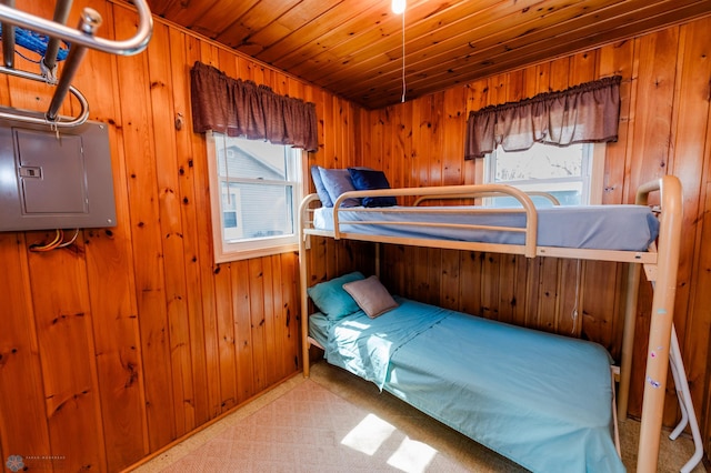 20841AND20850 Leona Beach Rd, Erie Twp, MN 56578 - bedroom featuring electric panel, wood ceiling, wood walls, and carpet