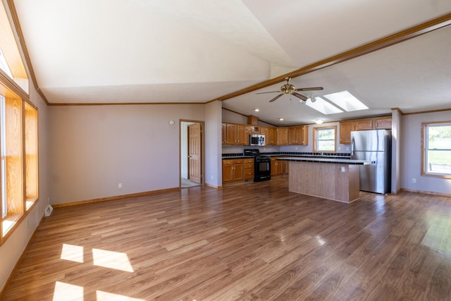 36308 Edgewood Rd, Harmony, MN 55939 - kitchen with appliances with stainless steel finishes, lofted ceiling, a skylight, open floor plan, and light wood-style floors