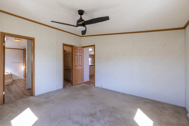 36308 Edgewood Rd, Harmony, MN 55939 - unfurnished bedroom featuring crown molding, carpet flooring, a walk in closet, a ceiling fan, and a closet