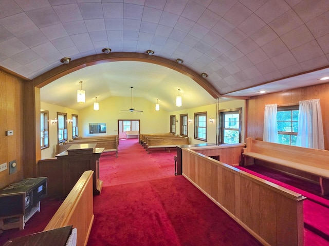 642 6th Ave, Calumet, MN 55716 - rec room with lofted ceiling, healthy amount of natural light, arched walkways, carpet, and ceiling fan