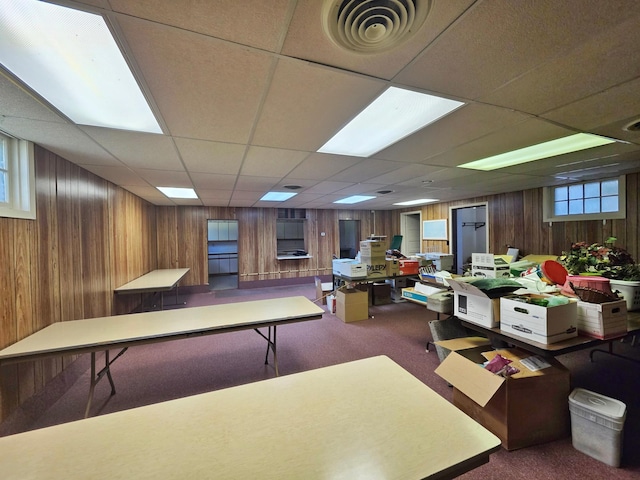 642 6th Ave, Calumet, MN 55716 - game room featuring wooden walls, dark colored carpet, and a drop ceiling
