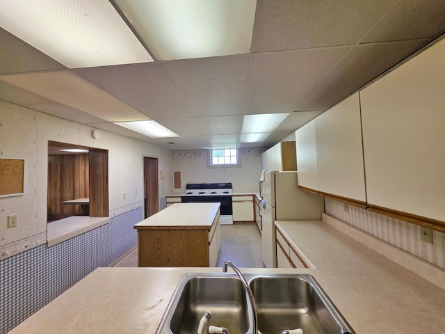642 6th Ave, Calumet, MN 55716 - kitchen with white appliances, a sink, a paneled ceiling, a center island, and light countertops