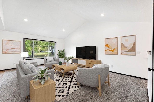 1094 7th St E, Saint Paul, MN 55106 - carpeted living room featuring vaulted ceiling, recessed lighting, and baseboards