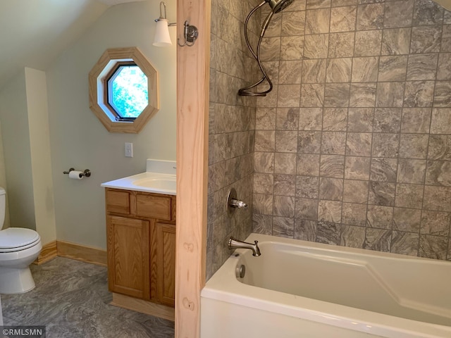 full bathroom with toilet, lofted ceiling, vanity, shower / washtub combination, and baseboards