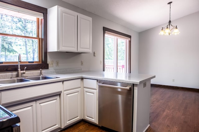 1377 Parkview Dr, New Richmond, WI 54017 - kitchen featuring stainless steel dishwasher, a sink, dark wood-style floors, and white cabinets