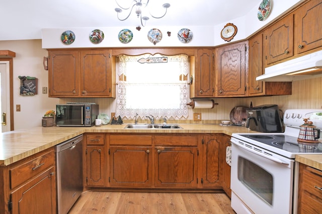 26163 170th St, New Richland, MN 56072 - kitchen featuring electric range, stainless steel dishwasher, under cabinet range hood, black microwave, and a sink