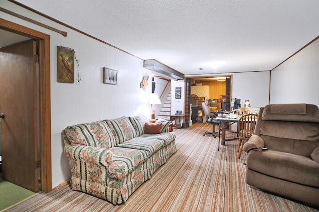 26163 170th St, New Richland, MN 56072 - carpeted living room featuring stairs, an office area, and crown molding