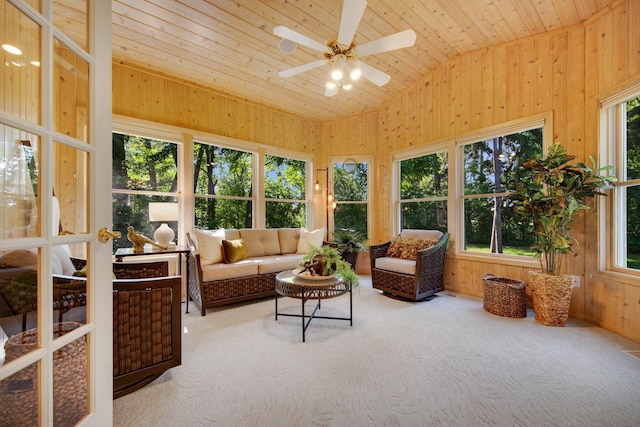 2 Pleasant Lake Rd, North Oaks, MN 55127 - sunroom / solarium featuring lofted ceiling, wood ceiling, carpet floors, and wooden walls