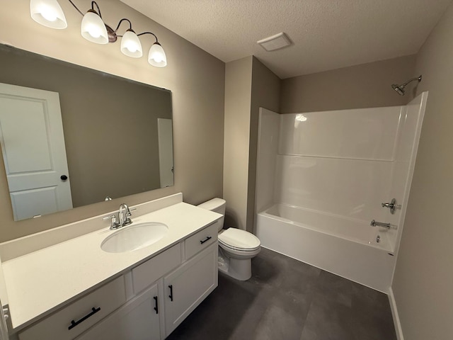 full bath with a textured ceiling,  shower combination, toilet, and vanity