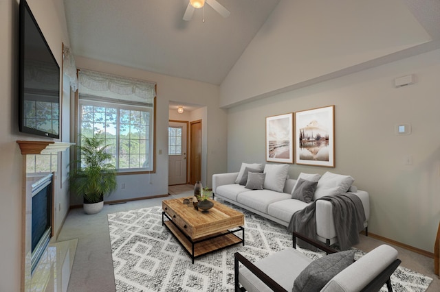 6147 Tahoe Cir Unit A, Woodbury, MN 55125 - living area featuring a ceiling fan, light carpet, high vaulted ceiling, and a tiled fireplace
