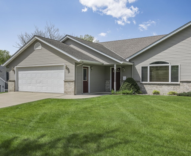 view of front of house with an attached garage, brick siding, a shingled roof, and concrete driveway