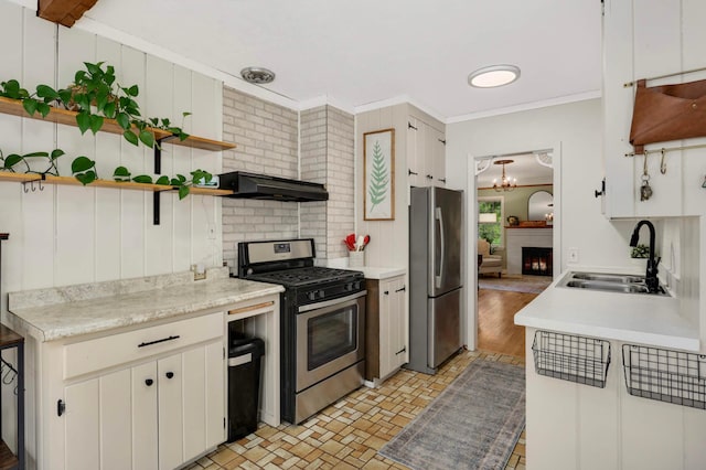 3338 Brownlow Ave, Saint Louis Park, MN 55426 - kitchen featuring stainless steel appliances, open shelves, a sink, under cabinet range hood, and light countertops