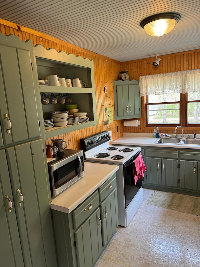 27721 Northwoods Dr, Laporte, MN 56461 - kitchen featuring electric stove, stainless steel microwave, a sink, green cabinets, and wooden walls