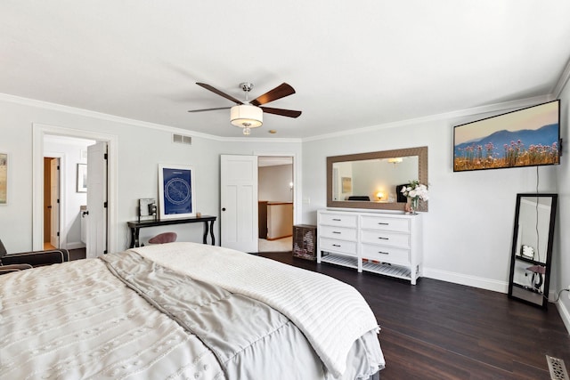 bedroom with ornamental molding, dark wood-style flooring, baseboards, and ceiling fan