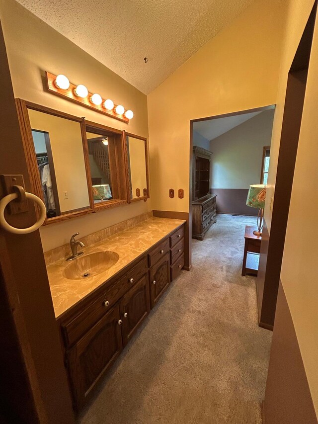 19323 Wendigo Park Rd, Harris Twp, MN 55744 - bathroom featuring lofted ceiling, a textured ceiling, and vanity