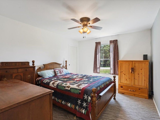 carpeted bedroom with ceiling fan