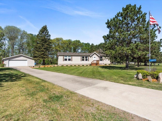 view of front of house with an outdoor structure, a garage, crawl space, and a front lawn