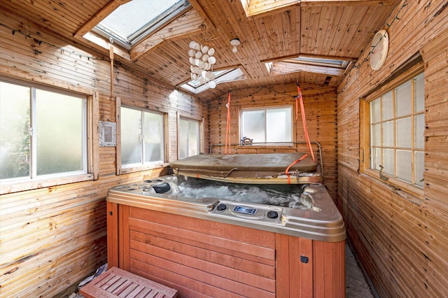 771 County Road B2 E, Little Canada, MN 55117 - kitchen with a skylight, wooden walls, wooden ceiling, and lofted ceiling