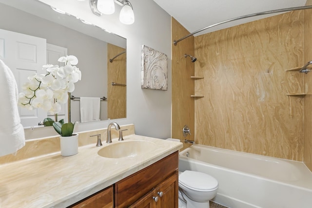full bath featuring shower / washtub combination, toilet, and vanity