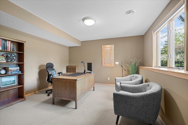 office space with carpet floors, baseboards, and a textured ceiling