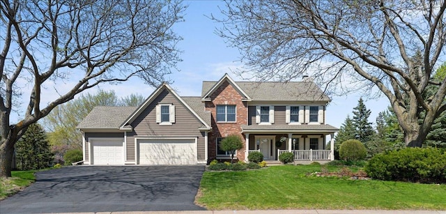 view of front of home featuring driveway, covered porch, a front lawn, brick siding, and an attached garage