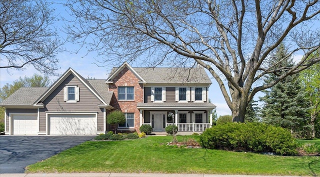 view of front of home featuring covered porch, driveway, a front lawn, a garage, and brick siding