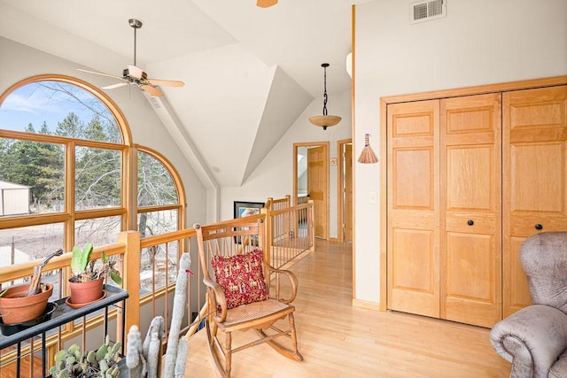 3213 Alger Grade, Silver Creek Twp, MN 55616 - sitting room with ceiling fan, light wood finished floors, and vaulted ceiling