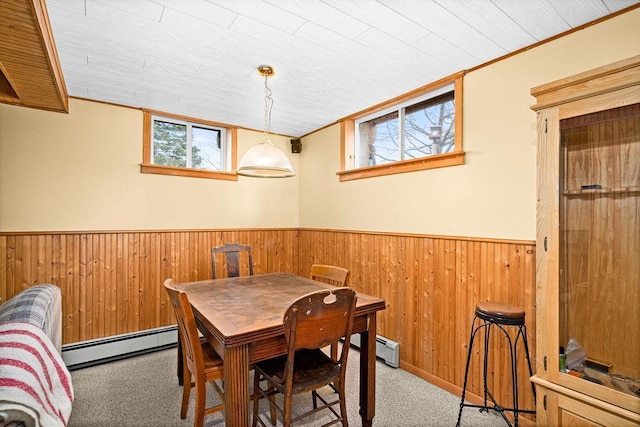 3213 Alger Grade, Silver Creek Twp, MN 55616 - carpeted dining room featuring baseboard heating, wooden walls, and a wainscoted wall
