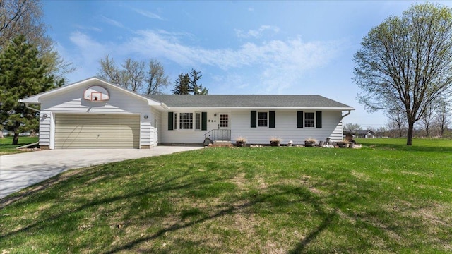ranch-style home featuring an attached garage, driveway, and a front lawn