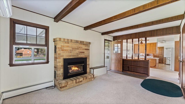 carpeted living area with a baseboard radiator, a fireplace, and beamed ceiling