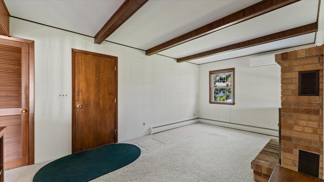unfurnished living room featuring carpet, beamed ceiling, a wall unit AC, and a baseboard heating unit