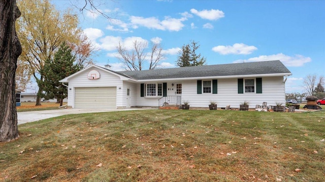 ranch-style home featuring a garage, concrete driveway, and a front lawn