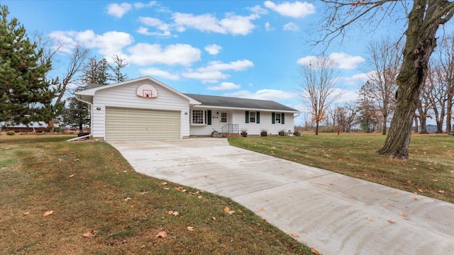 single story home with concrete driveway, a garage, and a front yard