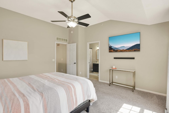 17208 72nd Ave N, Maple Grove, MN 55311 - bedroom with lofted ceiling, connected bathroom, baseboards, carpet flooring, and ceiling fan