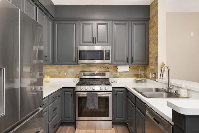 17208 72nd Ave N, Maple Grove, MN 55311 - kitchen featuring stainless steel appliances, gray cabinets, a sink, and tasteful backsplash
