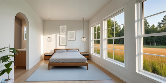 bedroom with light wood-style floors, multiple windows, baseboards, and arched walkways