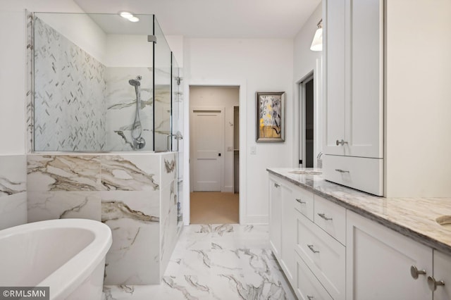 13708 Park Haven Trl, Prior Lake, MN 55372 - full bathroom featuring a marble finish shower, marble finish flooring, double vanity, and a freestanding tub
