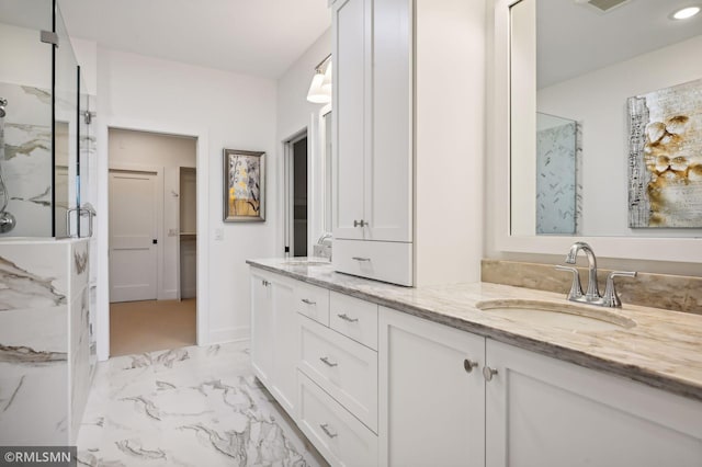 13708 Park Haven Trl, Prior Lake, MN 55372 - full bathroom featuring a marble finish shower, marble look tiles, double vanity, and baseboards