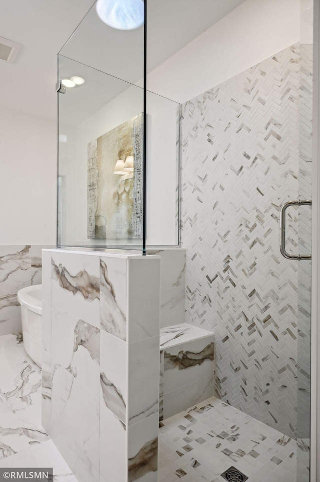 13708 Park Haven Trl, Prior Lake, MN 55372 - full bathroom featuring tile walls, a shower stall, a freestanding bath, and marble finish floors