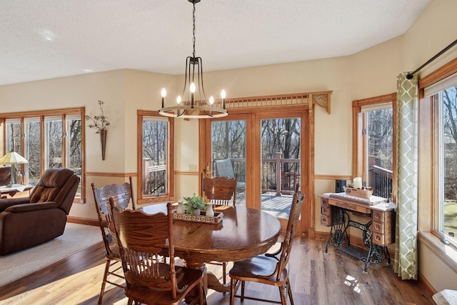 dining room with a chandelier, wood finished floors, plenty of natural light, and baseboards
