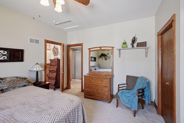 bedroom featuring light colored carpet and ceiling fan