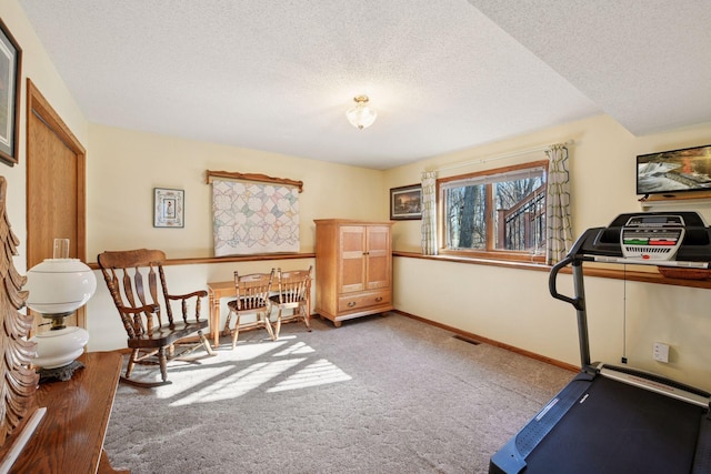 workout area with a textured ceiling, light colored carpet, and baseboards