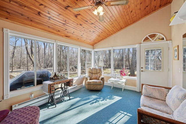 sunroom featuring vaulted ceiling, carpet, wooden ceiling, healthy amount of natural light, and baseboards