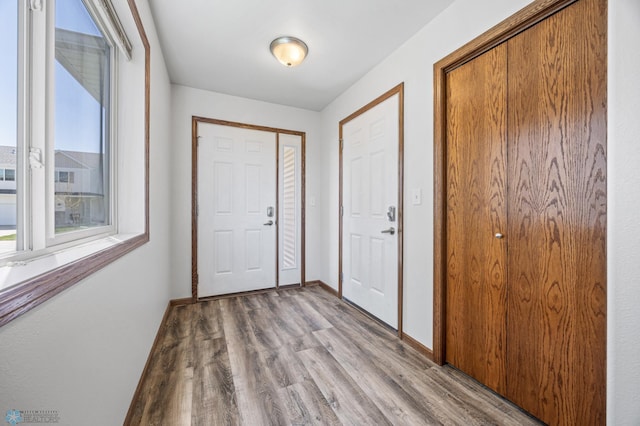 foyer entrance with wood finished floors and baseboards